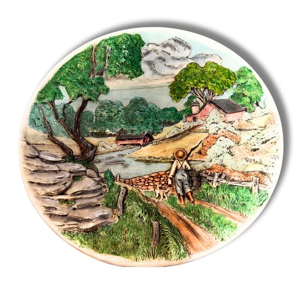Vintage Duncan Ceramics Plate – Spring Blossoms Farm Scene 14” Wall Plaque - Picture 1 of 6